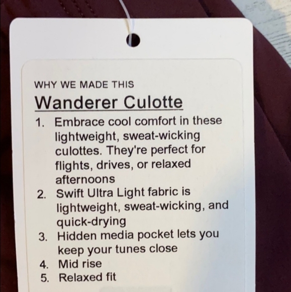 NWT Lululemon Wanderer Culottes Swift Ultra Light Fabric Pants 8 Cassis red - Picture 5 of 8